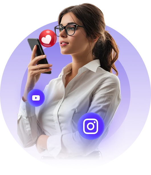 Creator looking at phone with social icons