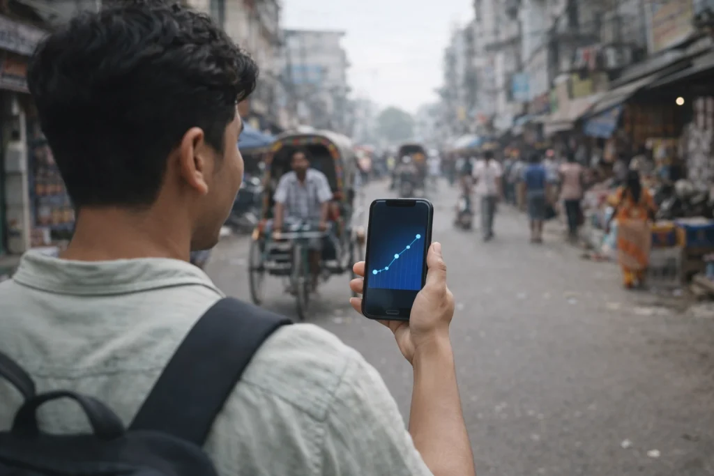 a man holding a phone in a city a man holding a phone in a city
