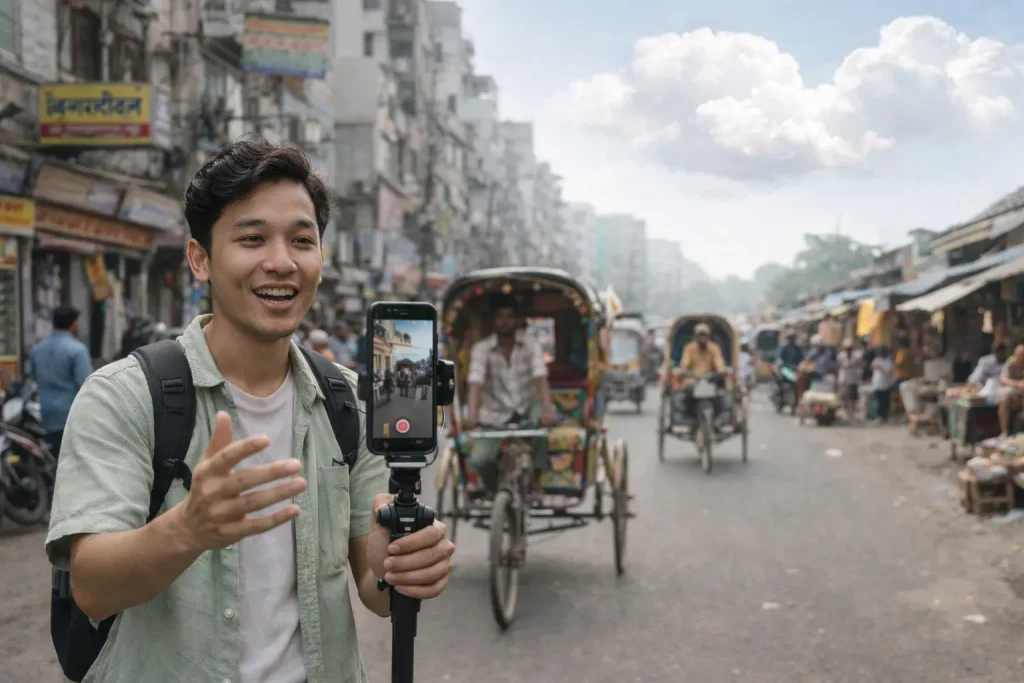 a man holding a phone and standing in a street a man holding a phone and standing in a street